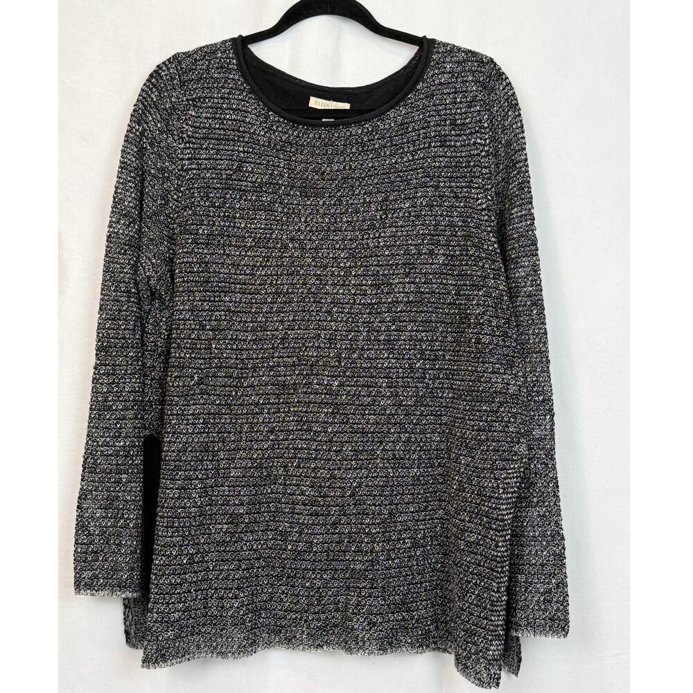 Eileen Fisher Organic Linen Open Knit Sweater Size L Black White Marled